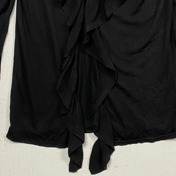 Women's Black Silk Cashmere Ruffle Front Whimsigoth Minimalist Cardigan Sweater - Picture 4 of 10